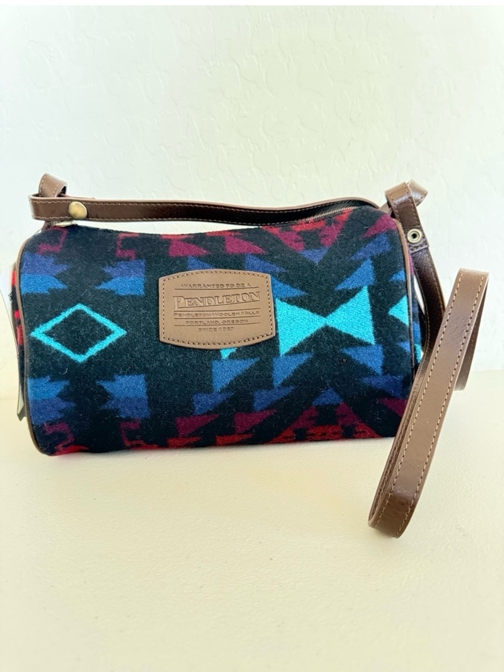 Pendleton Aztec Pattern Cylinder Crossbody in Black, Blue & Red